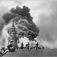 USS BUNKER HILL hit by two Kamikazes in 30 seconds on 11 May 1945 off Kyushu. Dead-372. Wounded-264.